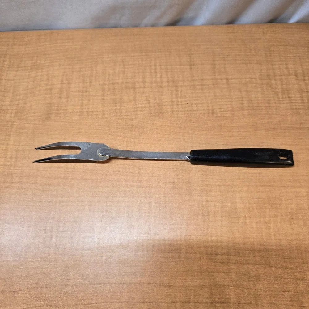 Vintage EKCO Chrome Plated Carving Fork‎ Black Handle Meat Turkey Thanksgiving